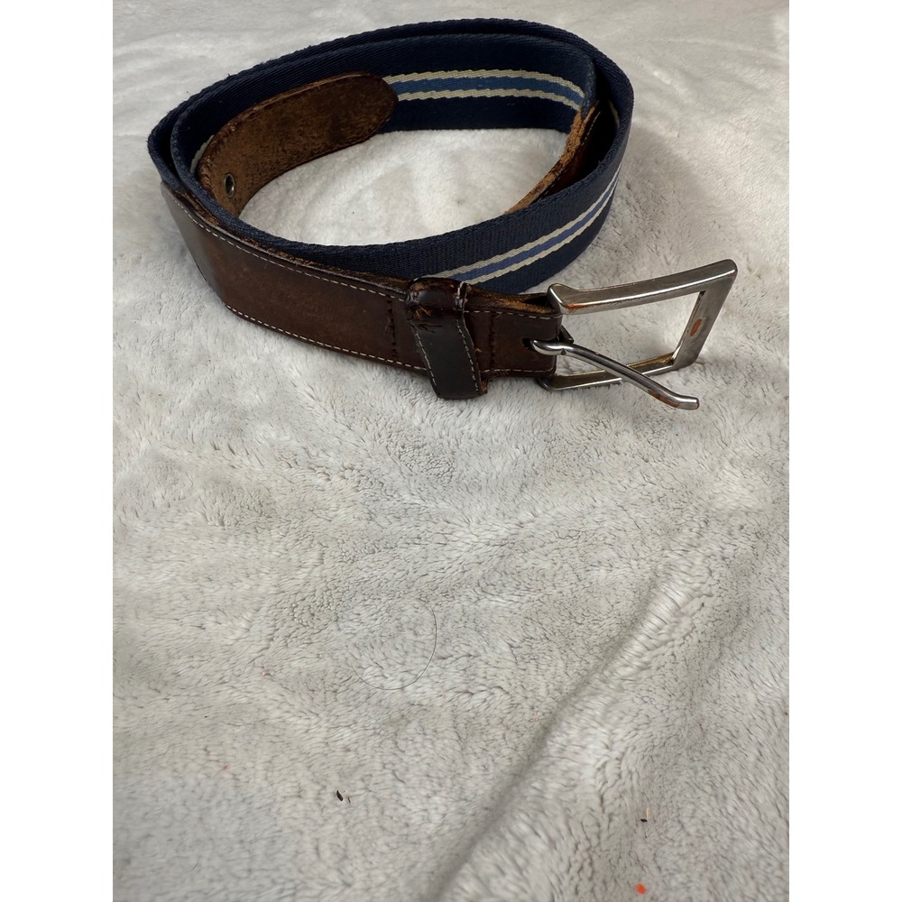 Eddie Bauer Mens Webbed Canvas Belt Navy Blue Striped Leather Trim Brown 46 Inch